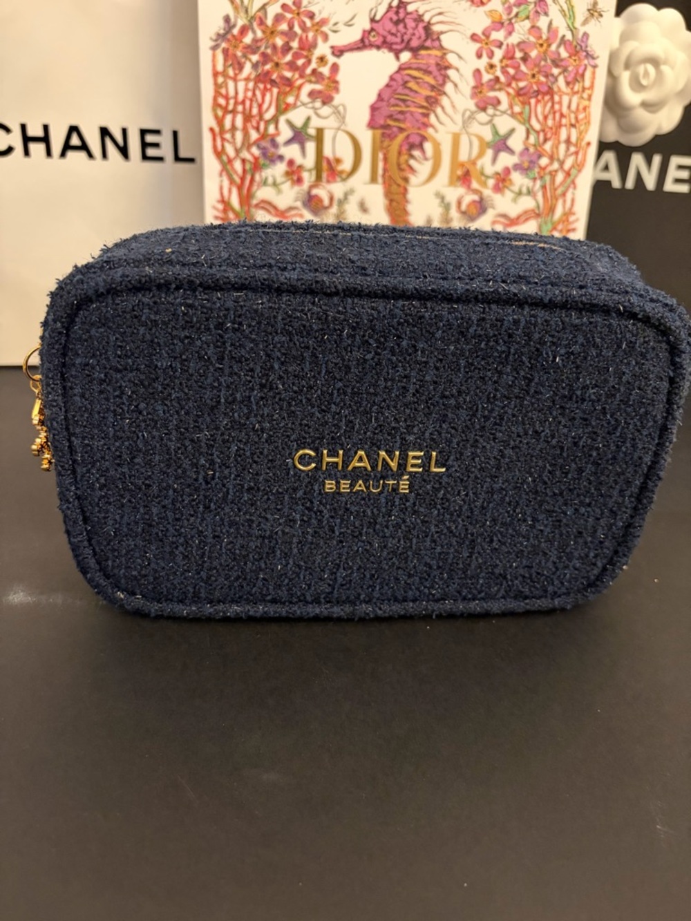 CHANEL Navy Tweed Makeup Pouch with Gold Logo